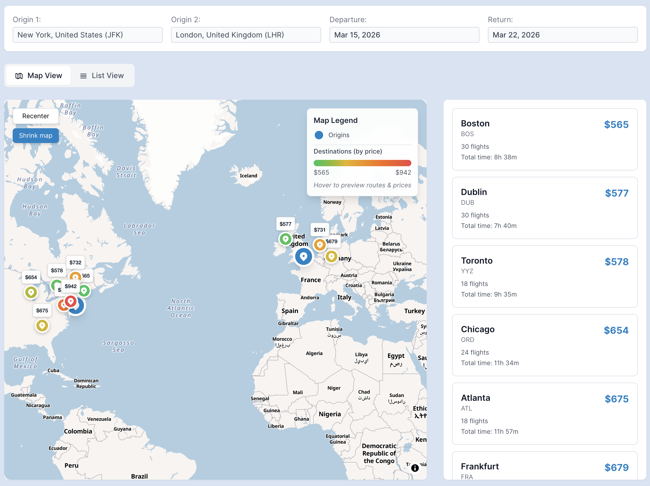 Aviunion showing meetup destinations for JFK and LHR